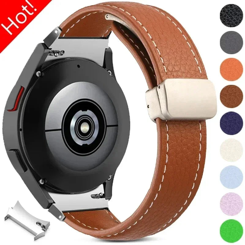 No Gaps Leather Band for Samsung Galaxy Watch 6 5 4 40mm 44mm 4/6Classic 46mm 42 43 47mm 5 Pro 45mm Magnetic Buckle Watch Strap Qme