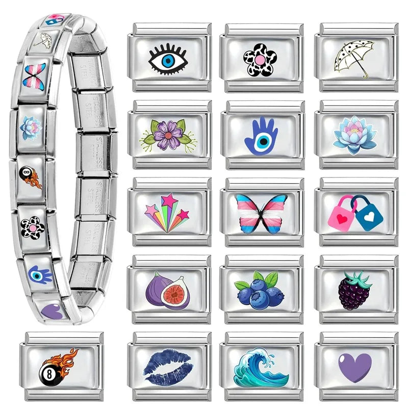 Wholesale Women Fashion Blue Pattern Sea Wave Blueberry Eyes Italian Charm Fit 9mm Stainless Steel Bracelet Jewelry Making DIY Qme