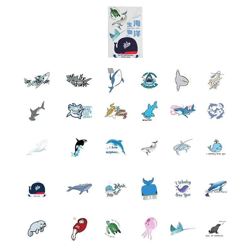Cute Marine Life Sticker Pack, Kawaii Doodle Illustration Decor Stickers for Water Bottle Notebook Luggage Decoration Qme A