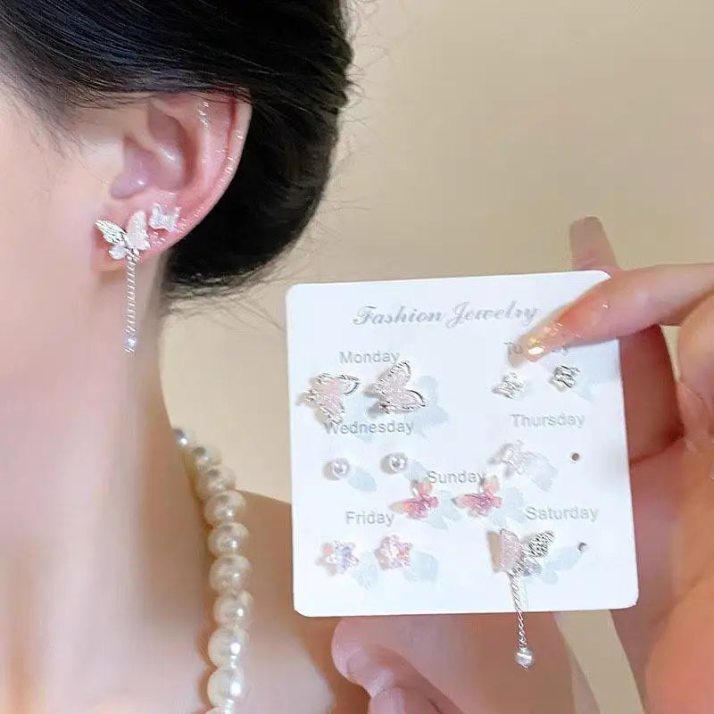 7 Pairs New Y2K Cute Butterfly Star Pearl Stud Earring For Women Exquisite Mini Earrings EMO Jewelry Gift Wholesale Direct Sale Qme