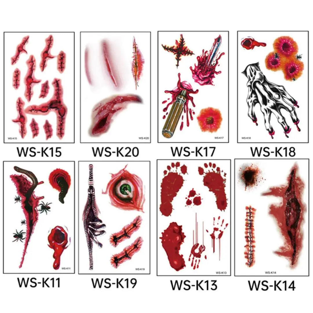 A 10pcs Waterproof Halloween Tattoo Stickers Bleeding Wound Scar Temporary Tattoos for Women Men Fake Tattoo For Halloween Party Qme 8pcs WS-K11K20