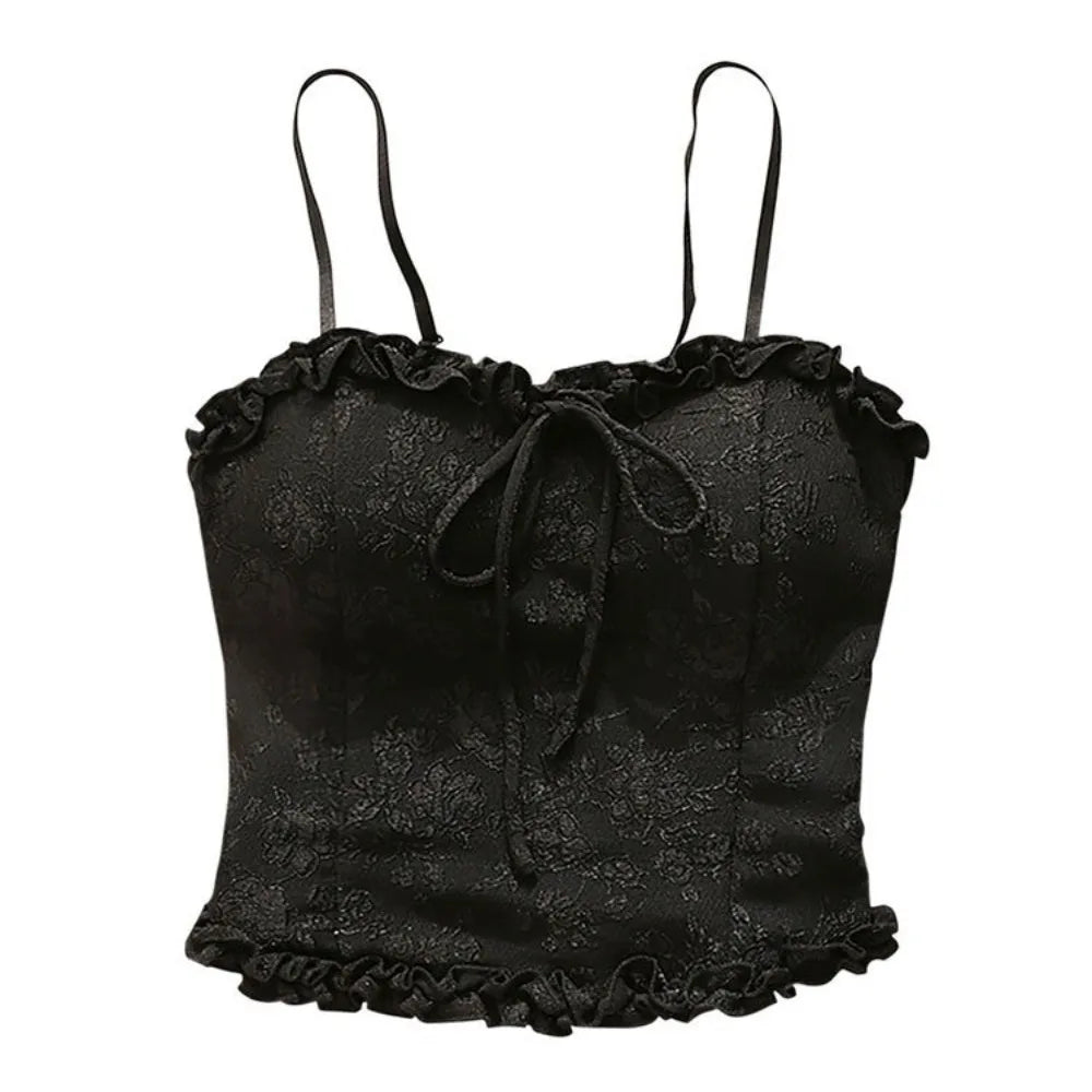 Streetwear Ruffle Sweet Crop Slim Fit Bowknot Women's Camisole Summer Qme Black One Size