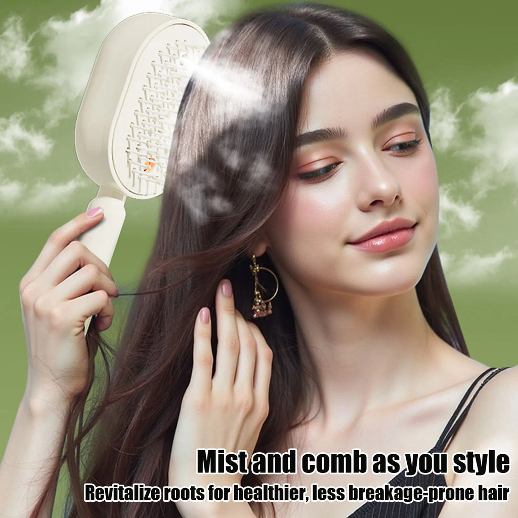 Electric Spray Hair Brush 2-In-1 Misting Hair Brush with Water Spray Reduce Frizz Anti-Static Retractable Steam Massage Comb Qme