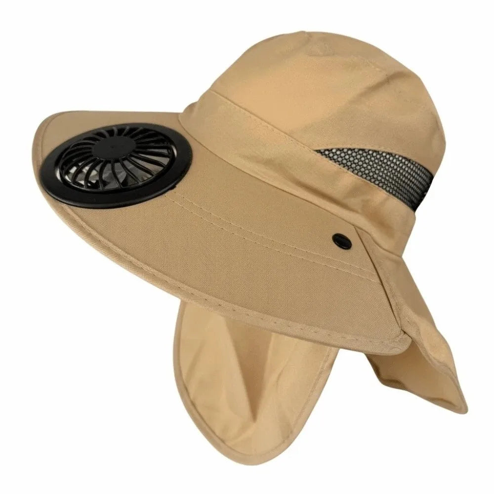 Portable Rechargeable Fan Hat Adjustable Long-lasting Fishing Sun Shading Hat with Face Cover 300mA Wide Brim Fan Hat Travel Qme Khaki