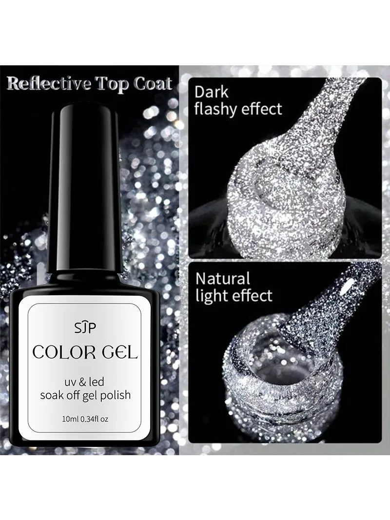 Reflective Glitter Coat Gel Nail Polish Silver Colorful Sparkling Qme 1 PCS