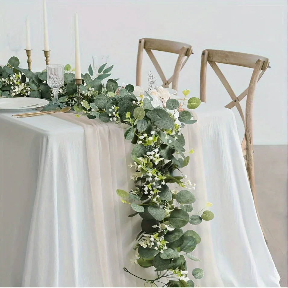 1pcArtificial Eucalyptus Leaves Greenery Garland Faux Plant Spring Vines with White Flowers Berries for Wedding Home Party Decor Qme