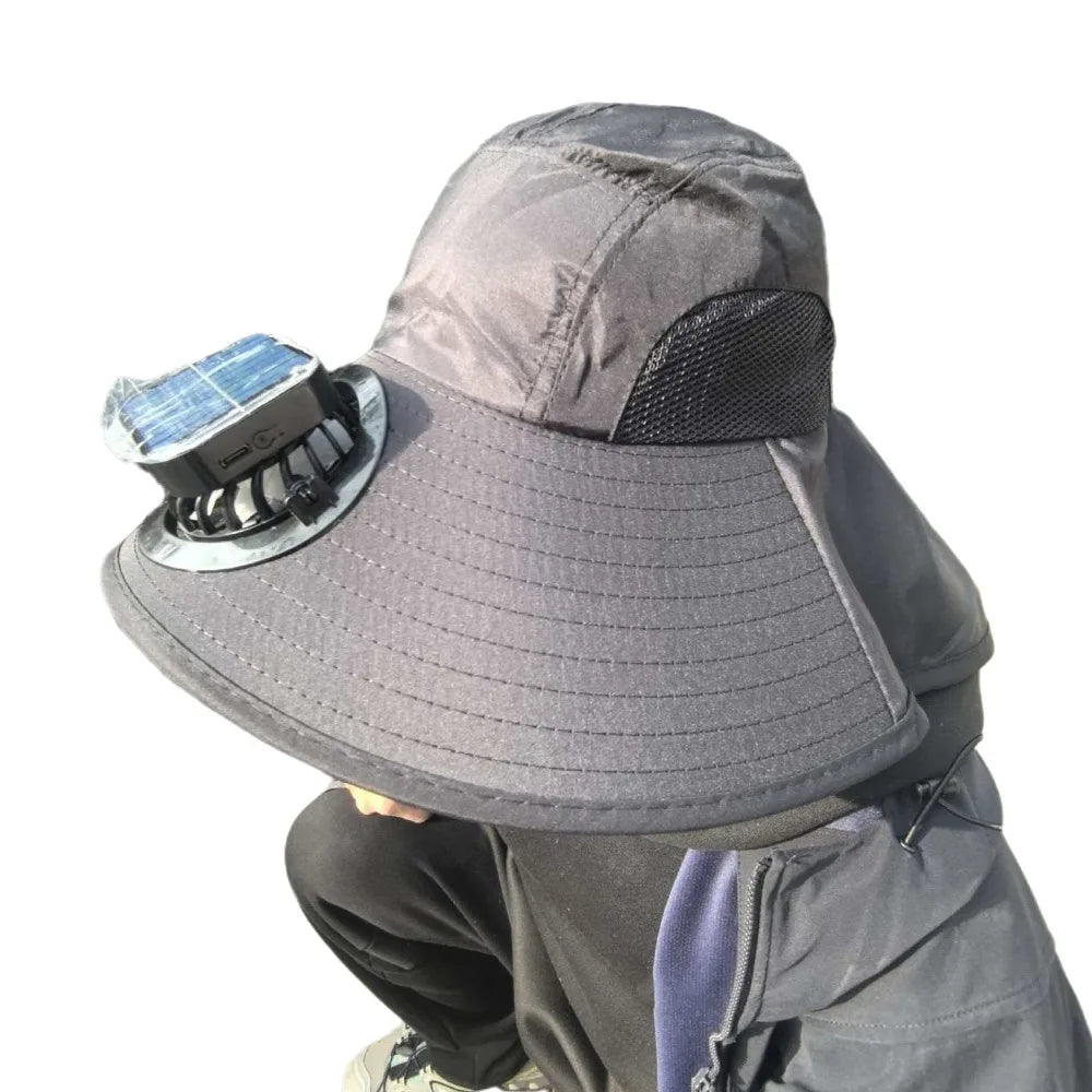 Breathable Solar Fan Hat Strong Wind Wide Brim Sun Hat with Fan with Shawl UV Protection Summer Fan Visor Cap Hot Weather Qme Black Square