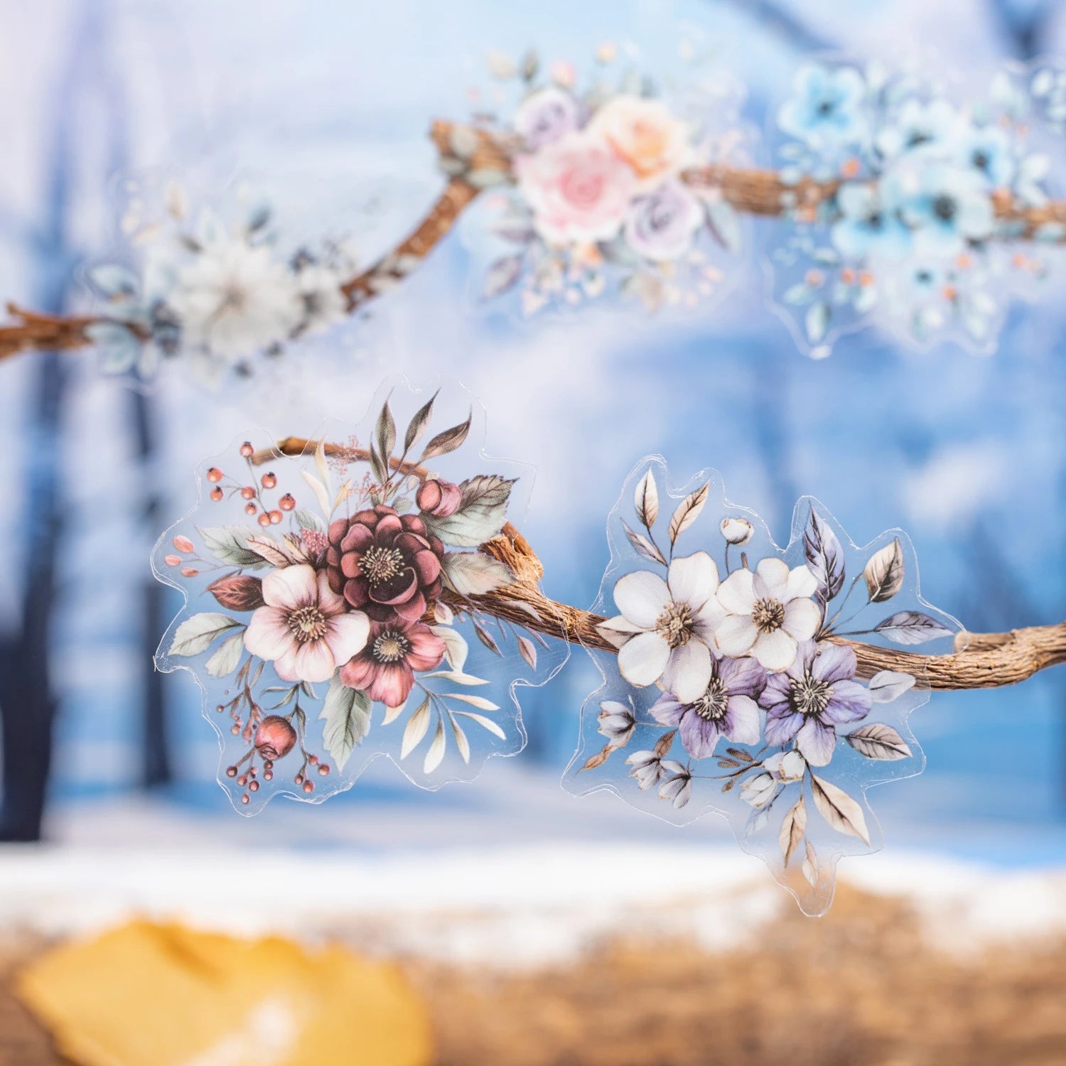1 Roll Winter Floral Theme PET Material Die-Cut Tape for Journal Diary DIY Scrapbook Collage Decoration Supplies Qme