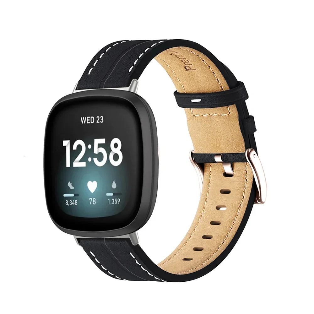 Genuine Leather Strap For Fitbit Versa 2 Lite Band Smart Watch Bracelet For Fitbit Versa 3 4 Sense 2 Correa Watchband Pin Buckle Qme Black For Fibit Versa 4