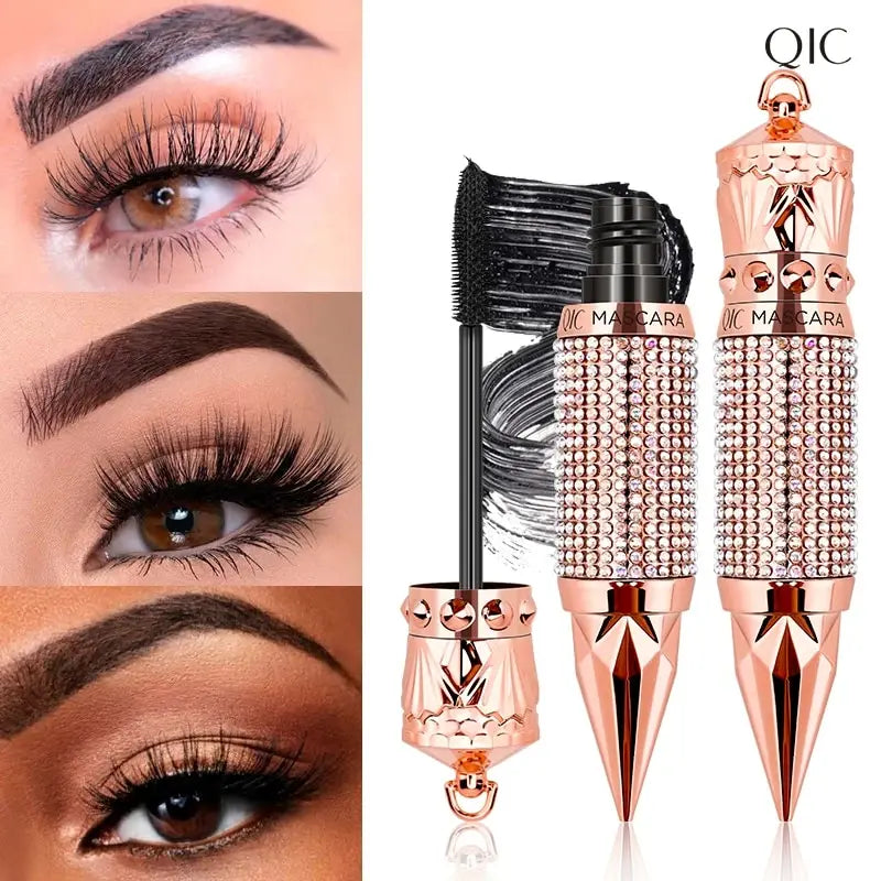 Mascara Waterproof Smudge Proof Elongate Eyelashes Makeup Tool, Natural Thick Curling, Rhinestone Decorative Shell Qme