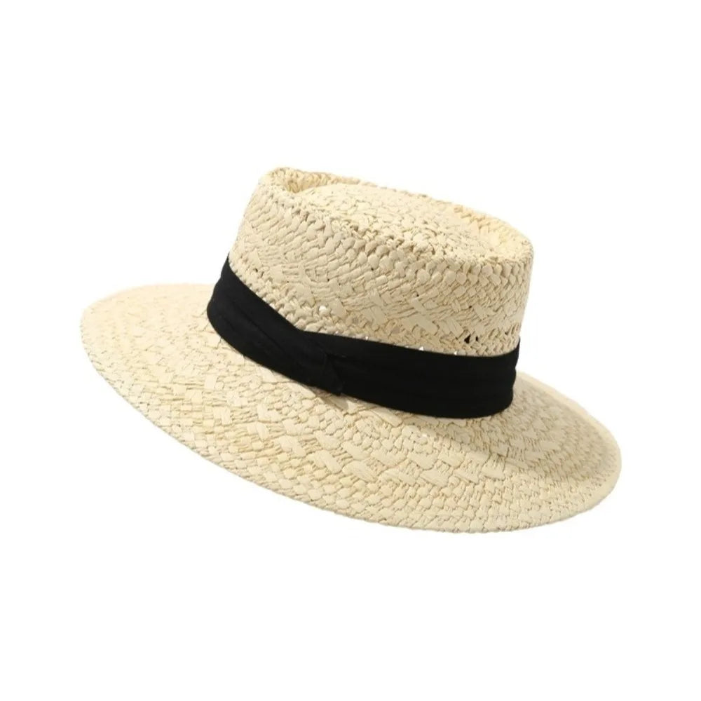 Fashion Wide Brim Hollow Straw Hat Sunscreen Cloth Buckle Western Qme Beige Black
