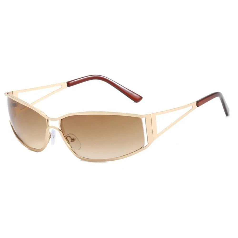 Vintage Y2k Frameless Sunglasses Metal Steampunk Rimless Oval Sunglasses Gradient Solid Color Fashion Shades Driving Qme Light Brown