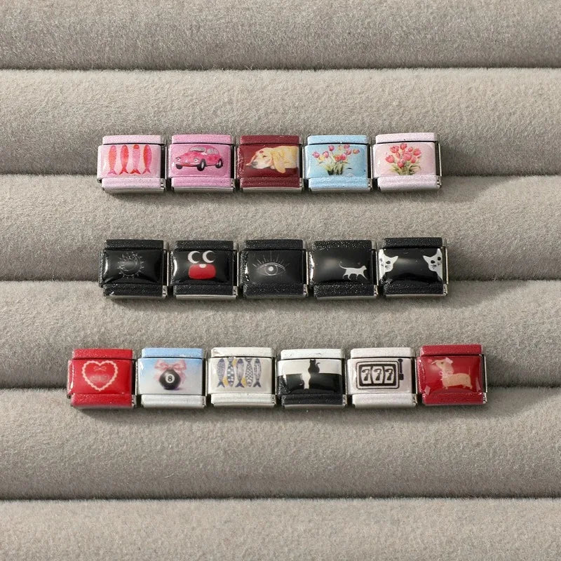 Wholesale Colorful Dog Cat Black Sun Moon Eye Italian Charm Links Fit 9mm Stainless Steel Bracelet Women Jewelry DIY Making Gift Qme
