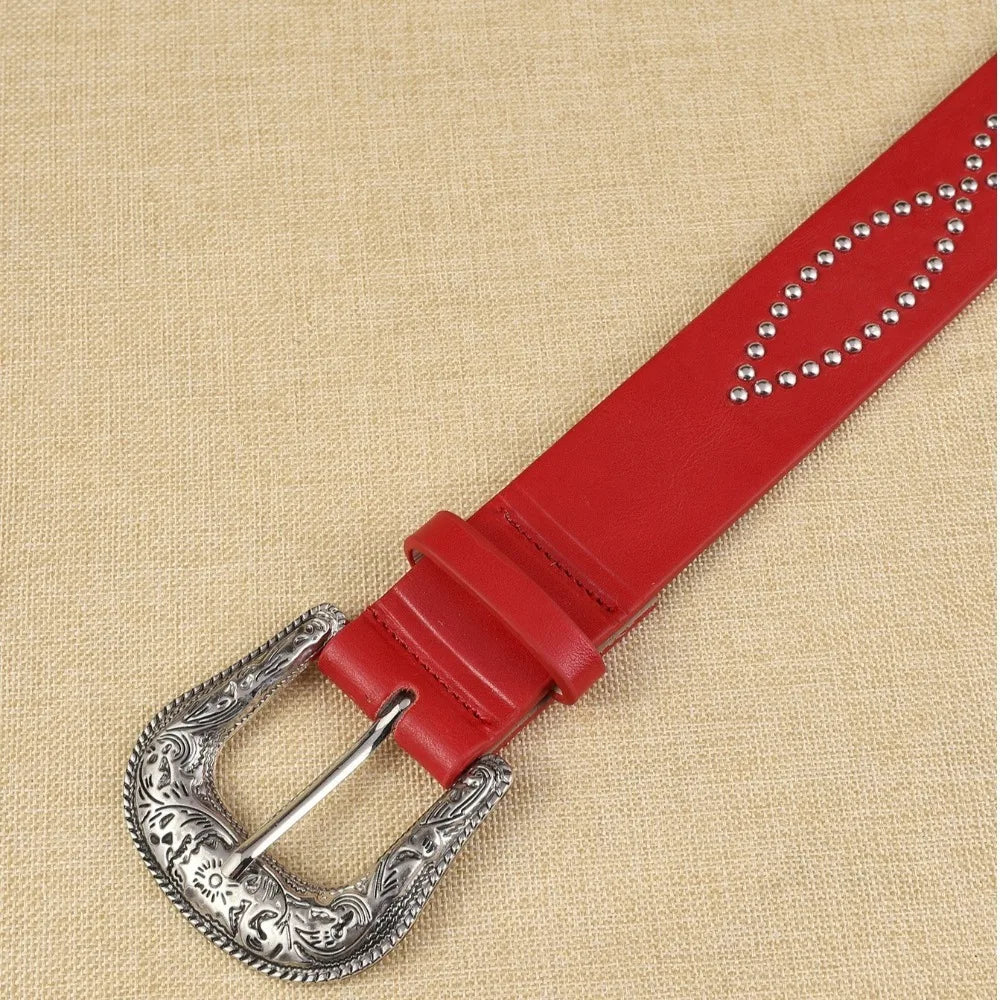 Fashion Rhinestone Women's Belt PU Leather Ethnic Style Rivet Waist Belt Punk Gothic Dress Jeans Belt Daily Qme