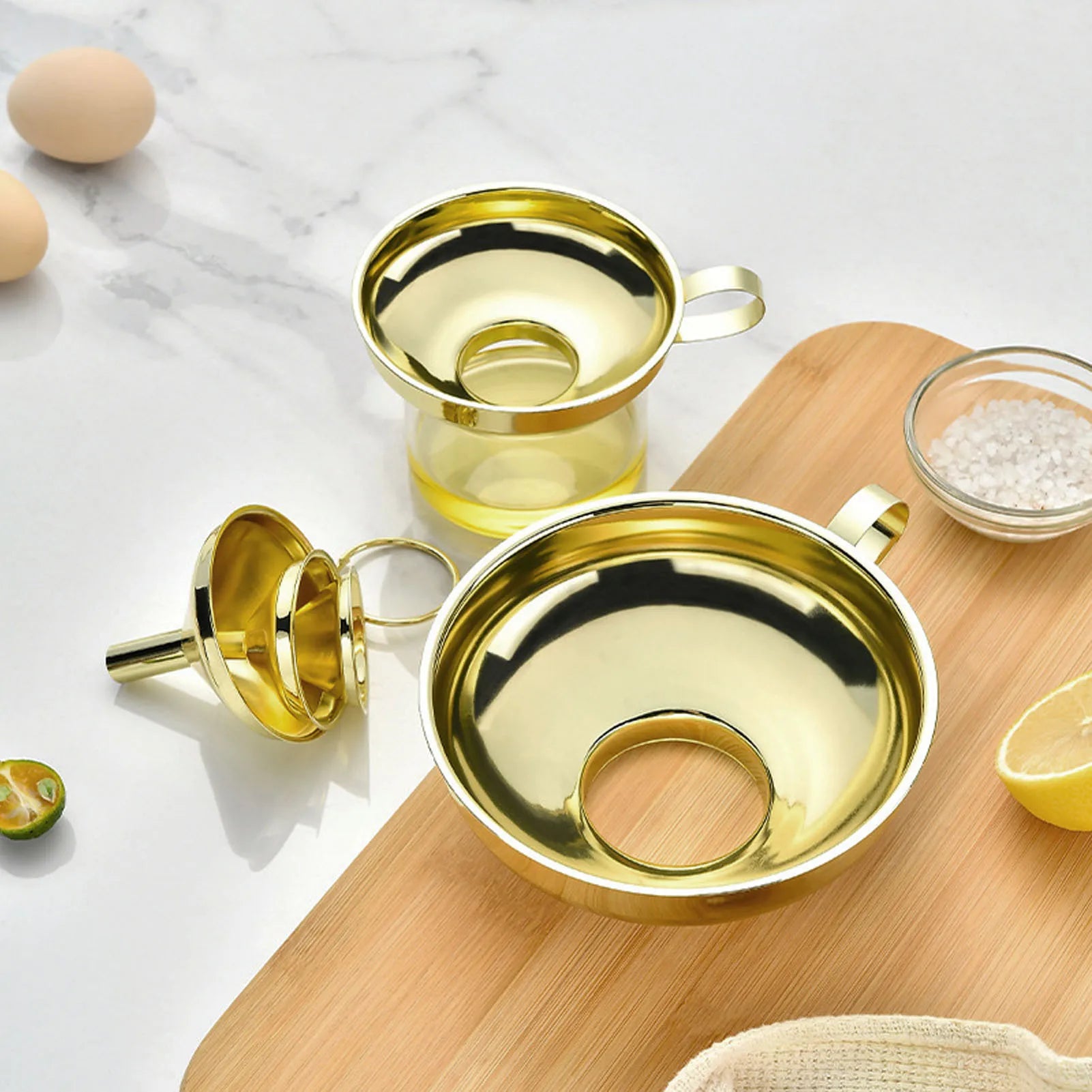 3PCS Gold Stainless Steel Funnel Set Wide Mouth Mini Funnel Kitchen Oil Liquid Transfer Tool for Canning Bottle Filling Qme