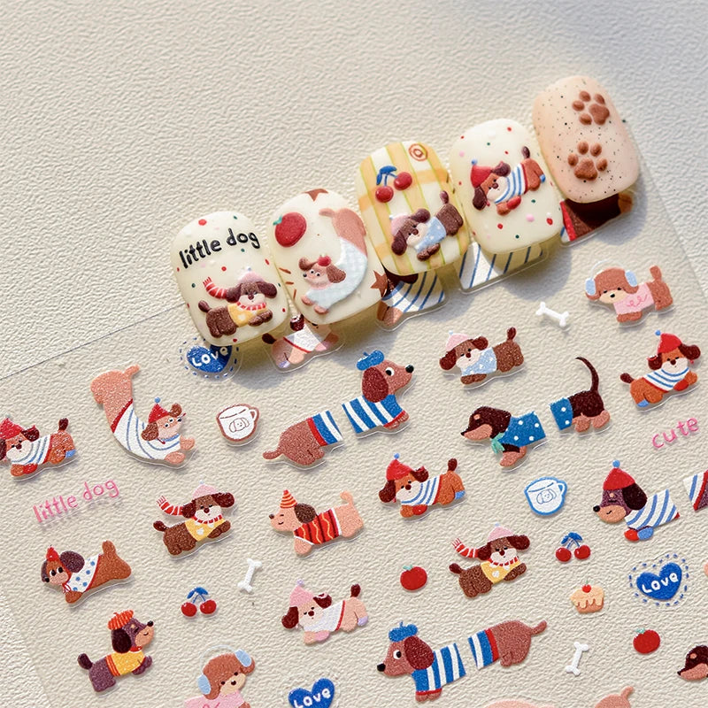 Lovely Sausage Dog Nail Art Stickers Gifts Self Adhesive Cartoon Qme