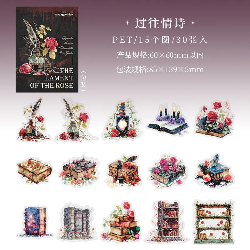 30 Sheets/Bag Dark Gothic Horror Rose Themed PET Sticker Pack for DIY Scrapbook Phone Case Notebook Decoration Craft Qme 3