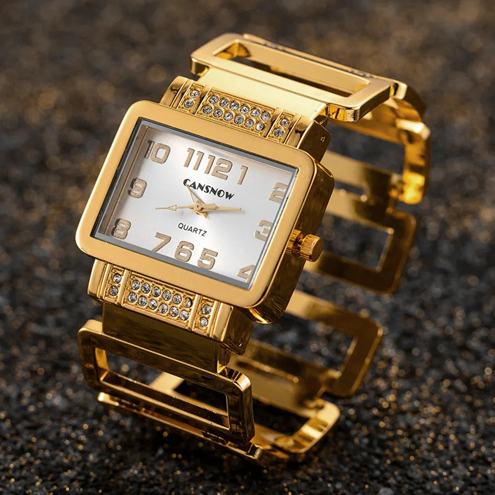 Cansnow Rectangle Ladies Watch Bracelet or Silver Bracelet Watches for Women with Hollow Stones and Quartz Fashion Clock Qme Gold