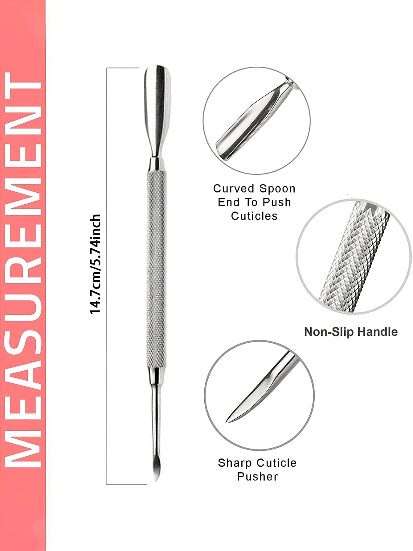 Cuticle Pusher Double Sided - Sharp Edge Spoon Shaped Dual Ended Cuticle Pusher Remover Clean Stainless Steel Manicure Pedicure Qme