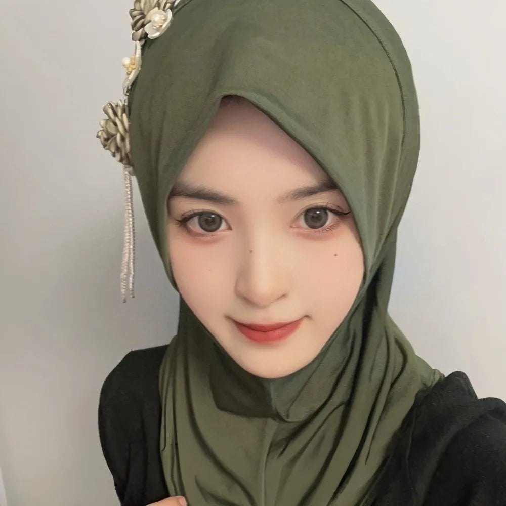 Round Neck Elastic Flower Tassel Hijab Cap Breathable Solid Color Pre-Tied Headscarf Soft Fabric Polyester Head Wrap Home Qme Green