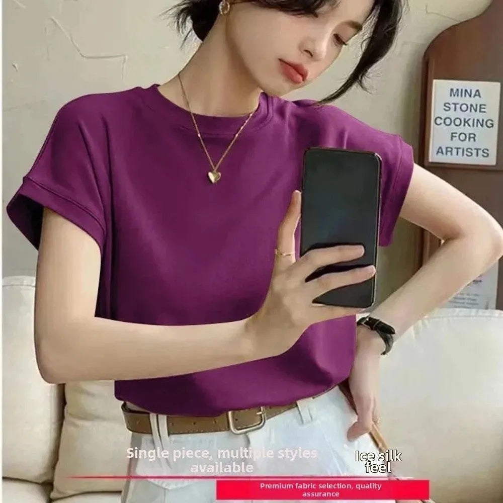 Korean Style Round Neck Women T Shirt Solid Color Breathable Short Sleeved T Shirt Slim Fit Stretchy Thin Base Top Summer Qme