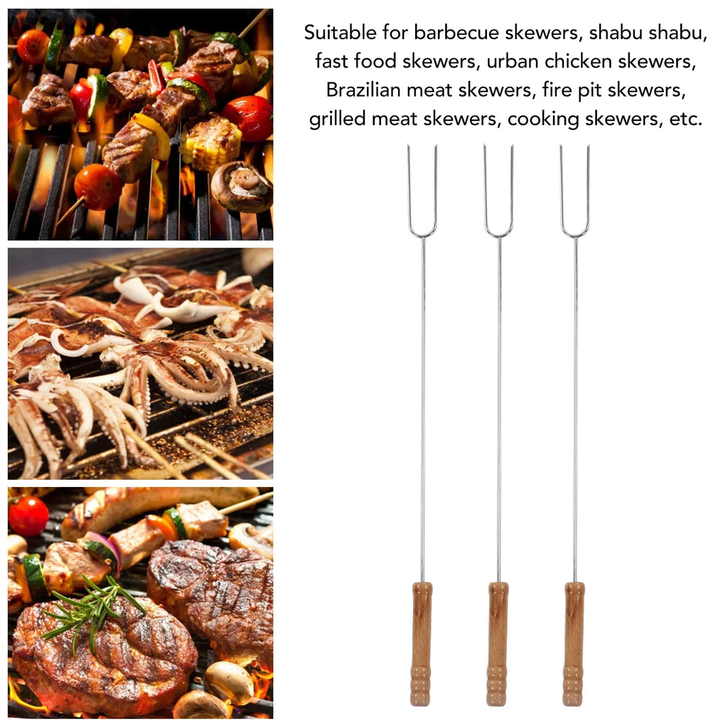 3Pcs BBQ Roasting Sticks Stainless Steel Barbecue Forks with Beech Wood Handle 47.2cm for Camping Outdoor Grill Qme