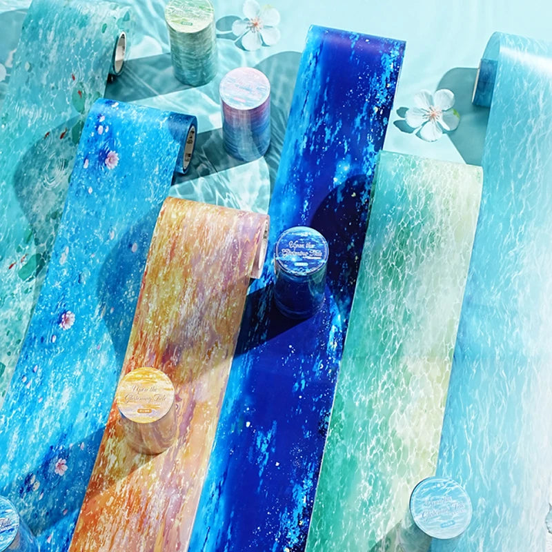 Dreamy Water Wave Base Tape, Summer Ocean Sparkle Long Roll Tape for Junk Journal and Notebook Decoration Qme