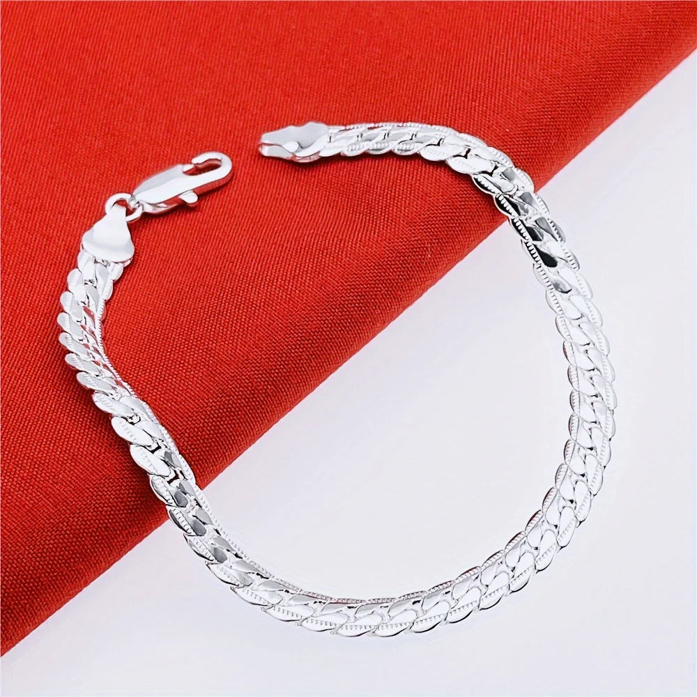 Hot 925 Silver Bracelet 20cm Flat Side Chain Lobster Clasp For Woman Man Wedding Engagement Jewelry Qme
