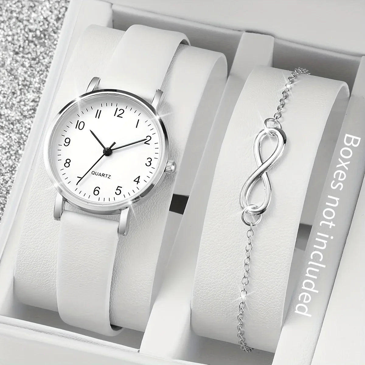 2pcs/set Casual Fashion Quartz Watch Analog PU Leather Wrist Watch & Bracelet, Gifts For Women Her Qme