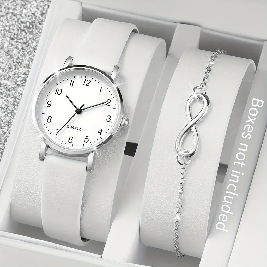 2pcs/set Casual Fashion Quartz Watch Analog PU Leather Wrist Watch & Bracelet, Gifts For Women Her Qme