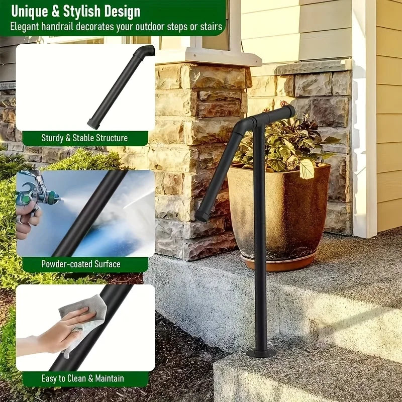 Single Post Wrought Iron Handrails for Outdoor 1-2 Steps Metal Outdoor Stair Railing for Steps Garage Porch Easy to Install Qme