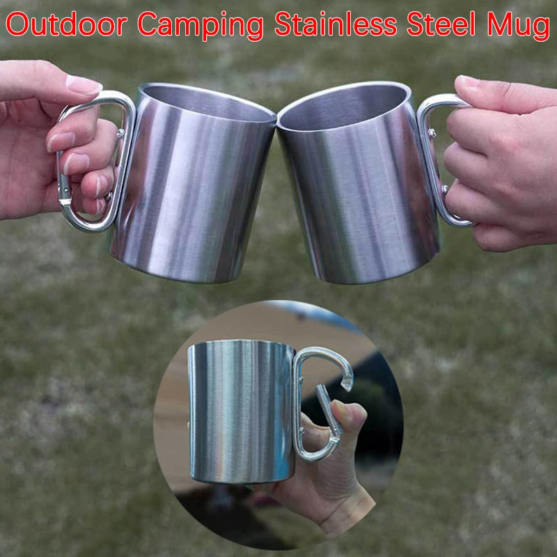 220 Camping Travel Stainless Steel Cup Carabiner Hook Handle Picnic Qme