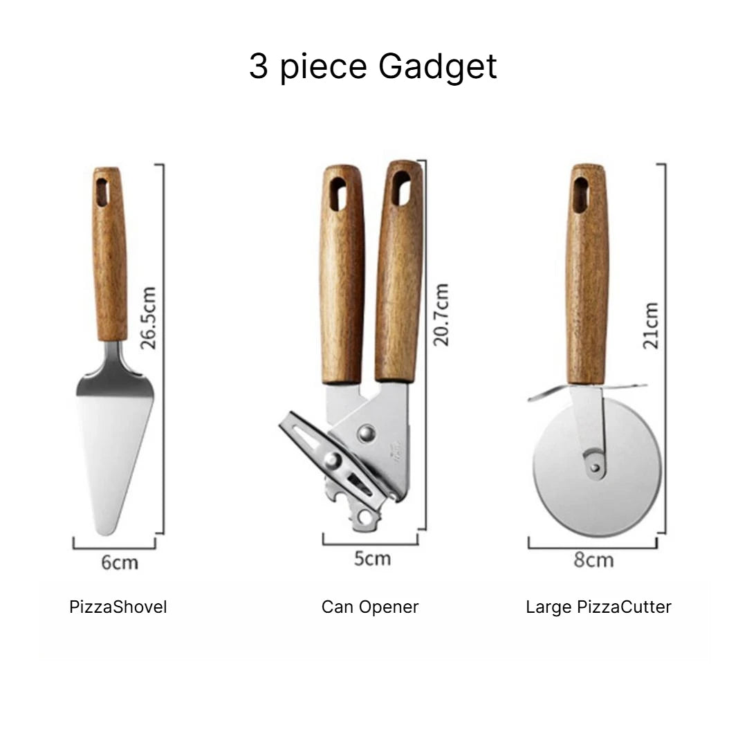 A Multifunctional Kitchen Gadgets Acacia Wood Stainless Steel Peeler Can Opener Egg Beater Pizza Cutter Cheese Spatula Set Qme 3pcs gadgets h