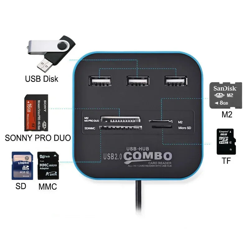 High Speed USB Hub 2.0 3 Ports with Card Reader Mini Hub USB Combo All In One USB Splitter Adapter for PC Laptop Computer Qme
