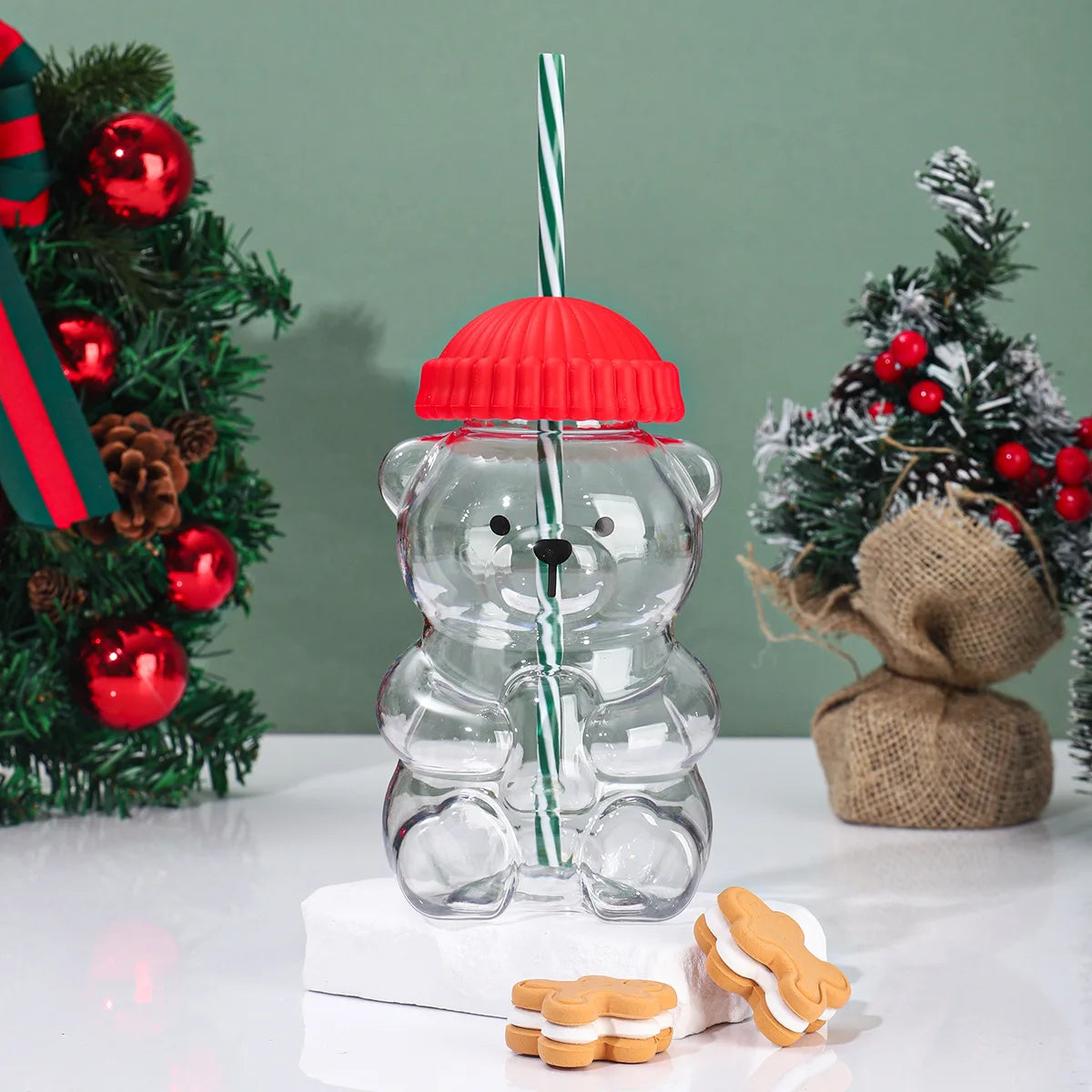Cute Little Bear Plastic Cup Lid Straw Teddy Cold Drink Suitable Qme Red