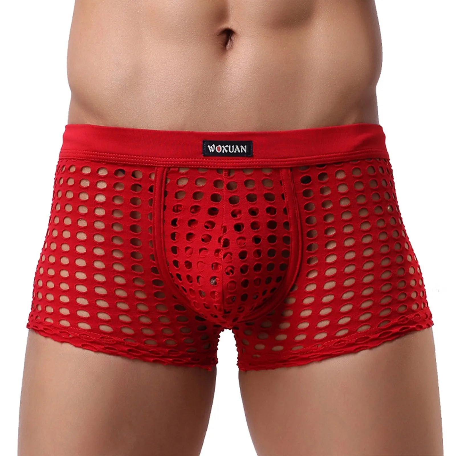 See-through Sexy Mens Mesh Hollowed Out Shorts Underwear Breathable Loose Comfortable Erotic Thongs Qme Red M