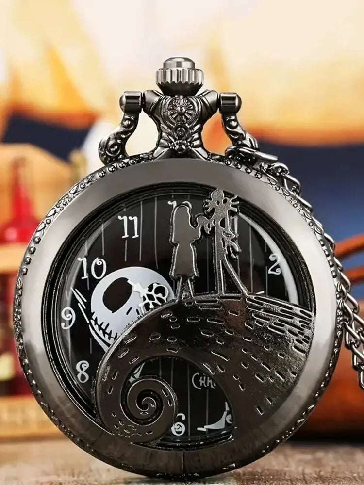 Fashion Lovers Skeleton Quarzt Pocket Watch with Chain Necklace Vintage Quartz Pendant Watches Clock Chain Mens Women Qme Black Black
