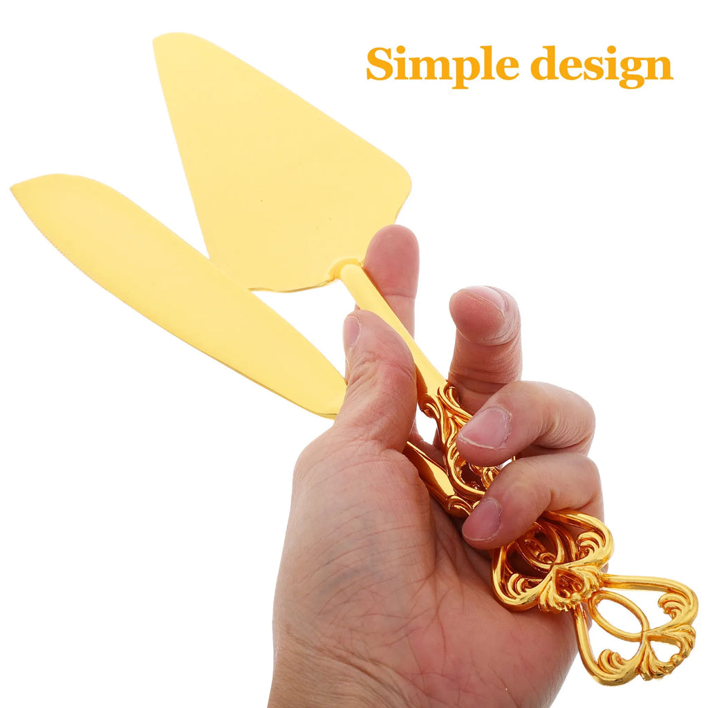 2Pcs Gold Tone Stainless Steel Cake Knife and Spatula Set Elegant European Design Wedding Cake Cutting Server Baking Serving Qme
