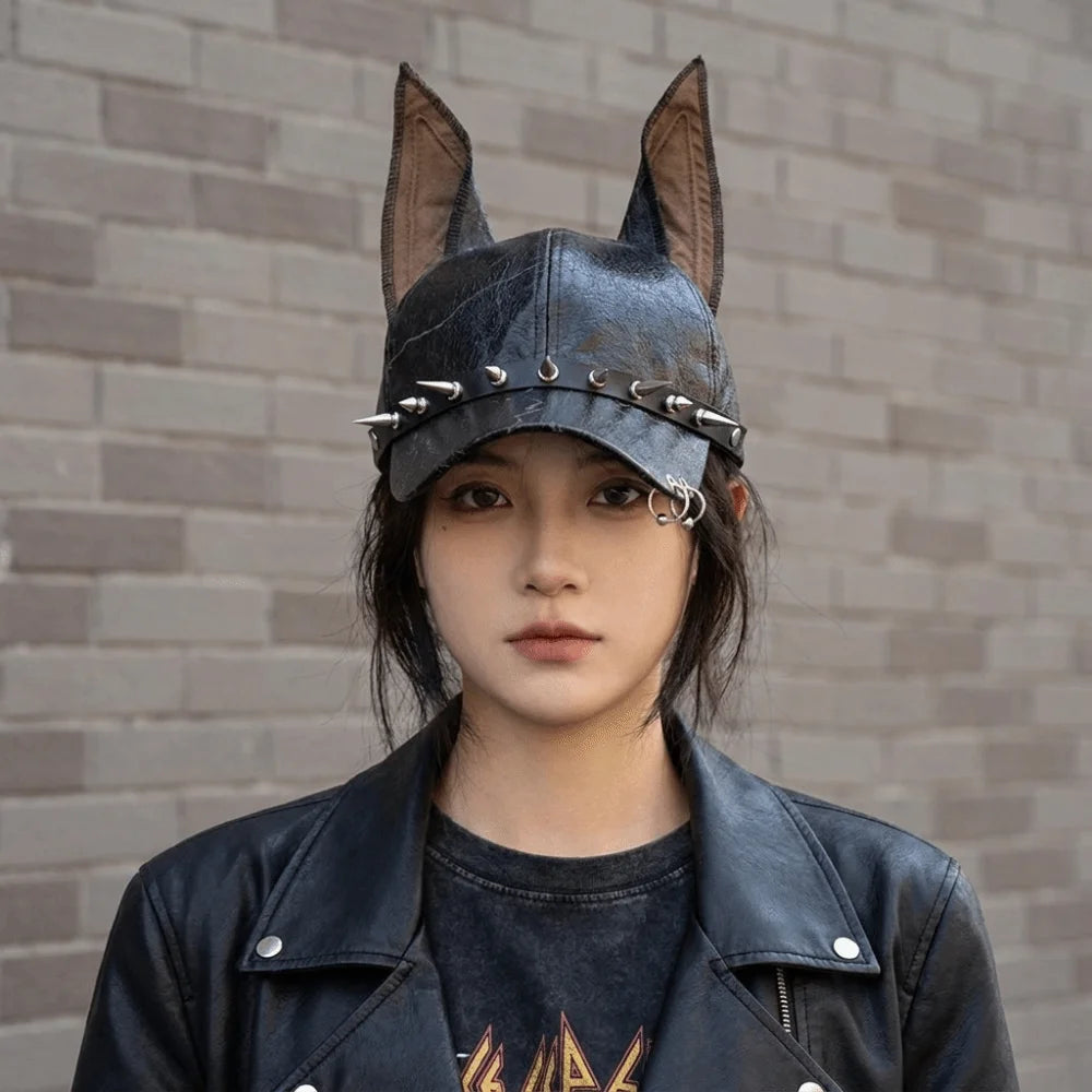 Multifunction Solid Dog Ears Baseball Cap PU Punk Style Leather Baseball Cap Sunshade Adjustable Sunshade Hat Spice Girl Qme