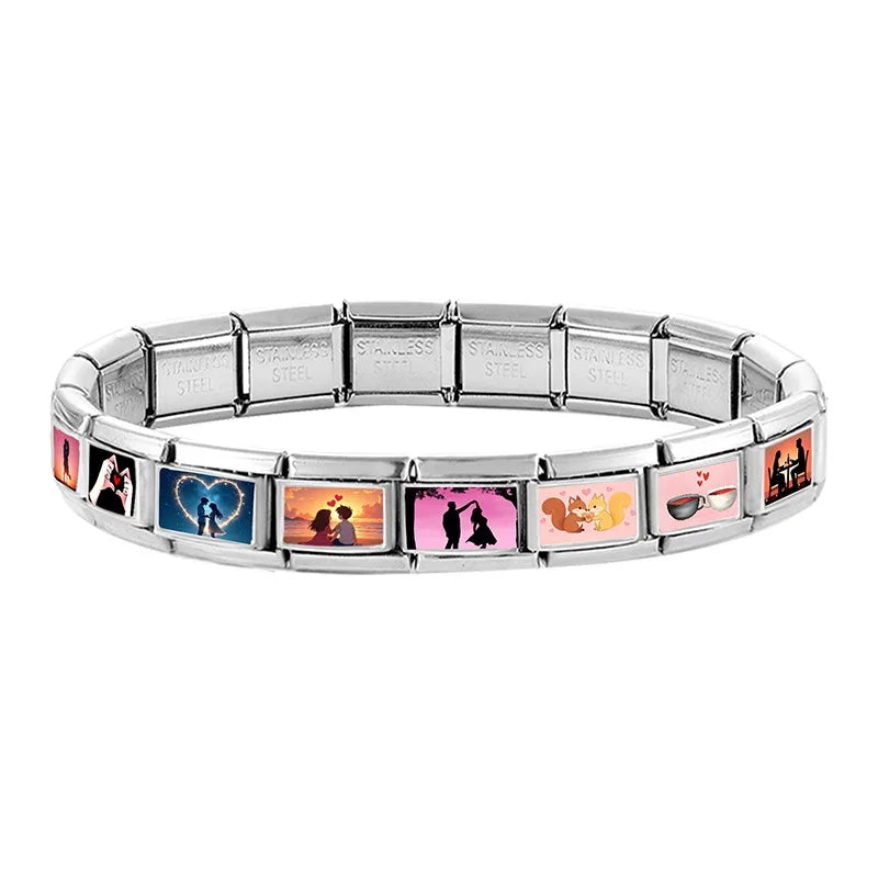 2026New Romantic Encounter With The Pink Sky Dancing Italian Charm Links Fit 9MM Stainless Steel Bracelet DIY Making Gift Couple Qme