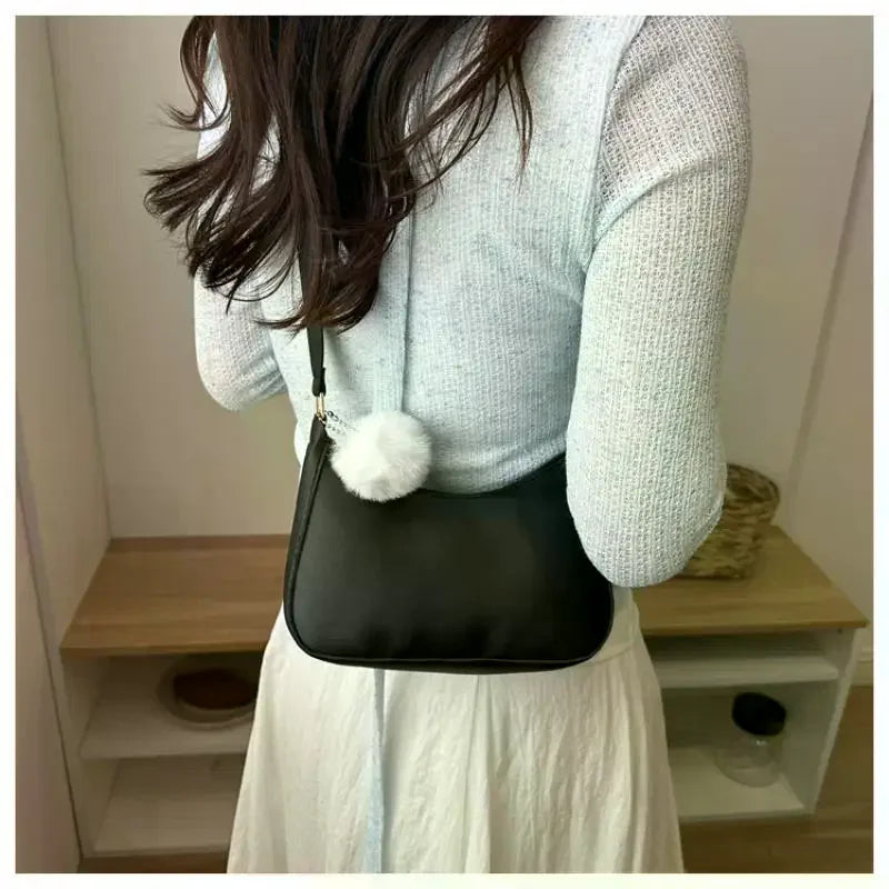 1Pcs Trendy And Simple Solid Color New Small Square Bag High Quality Fashion Single Shoulder Armpit Bag With Hairball Qme