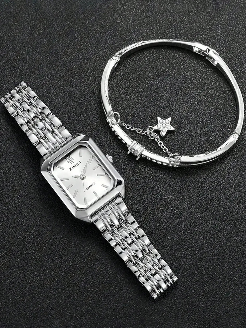 Women's Watch Fashion Simple Steel Belt Watch Women's Watch Square Quartz Watch+Star Pendant Bracelet Qme Silver No