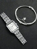 Women's Watch Fashion Simple Steel Belt Watch Women's Watch Square Quartz Watch+Star Pendant Bracelet Qme Silver No