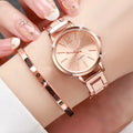 Classic Minimal Sunray Dial Women Quartz Watch Jewelry Pack, Shiny Gold Stainless Steel Watch with Engraved LOVE Cuff Bracelet Qme Rose Gold Set