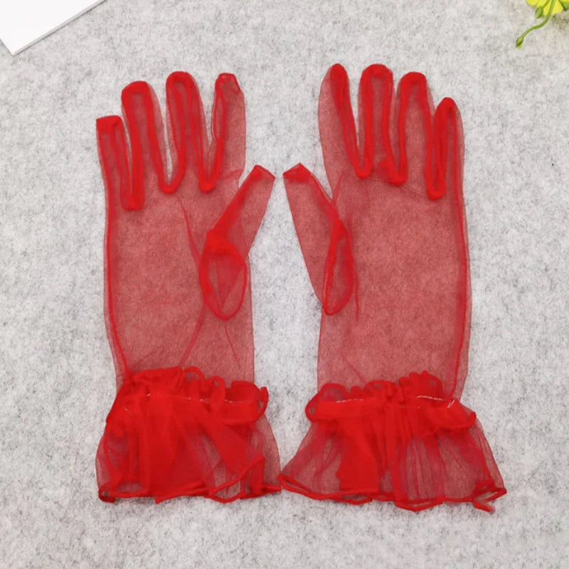 Women Black Lace Gloves Ultra Thin Tulle Wedding Bride Dress Driving Qme Red One Size