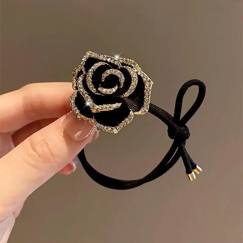 Women's High-end Tail Hair Bands Black Elasticity Tea Floral Ties Qme