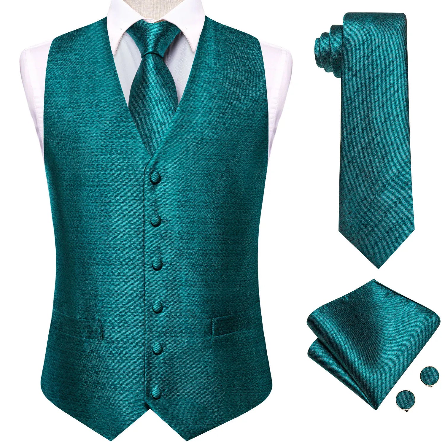 Men's Teal Textured Vest & Matching Tie Set – Fit Formal Waistcoat for Weddings, Proms and Business Events Qme MJTZ3297 M