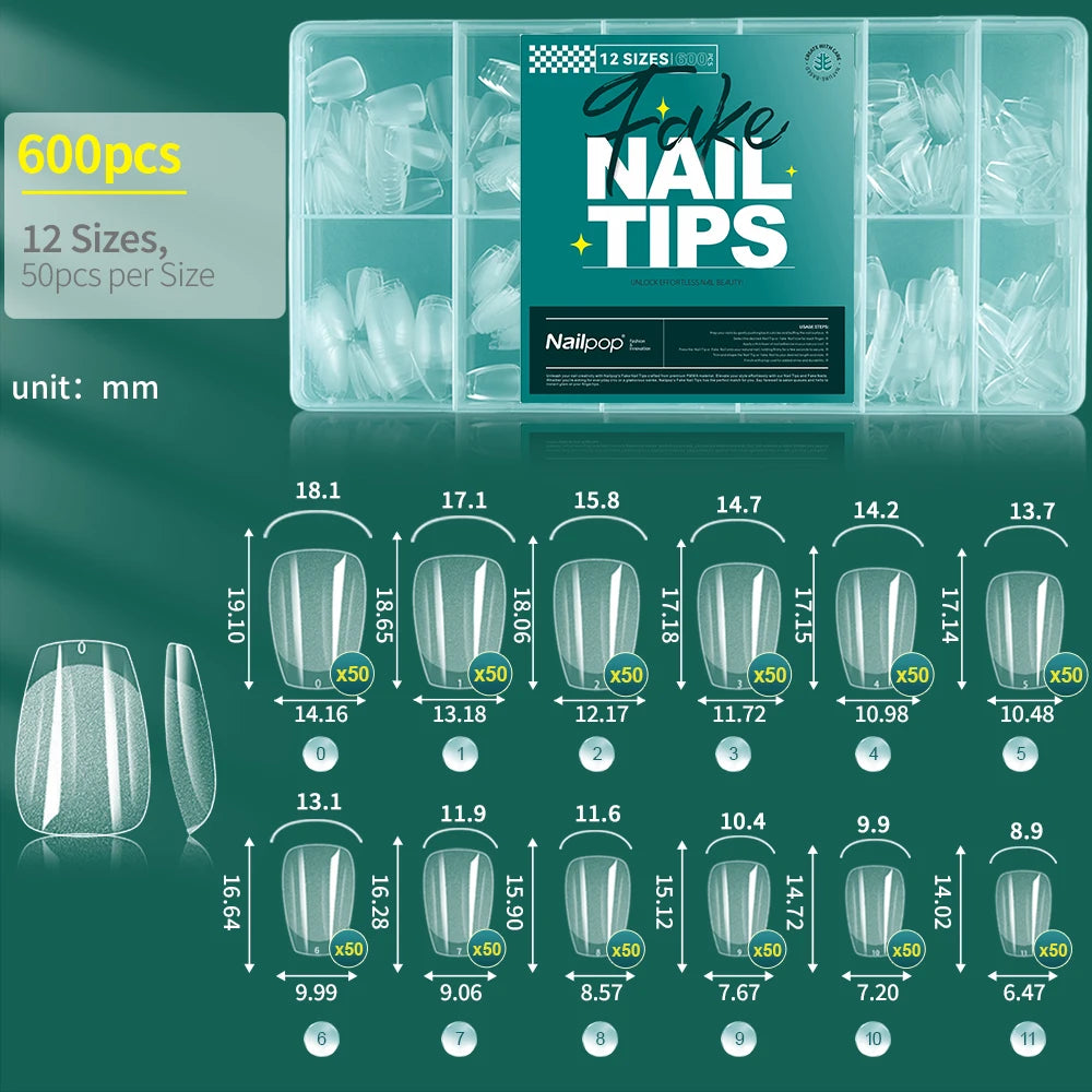 Nailpop False Nails 10 12 Sizes Full Cover Tips Clear Durable Qme XXS-Coffin-600