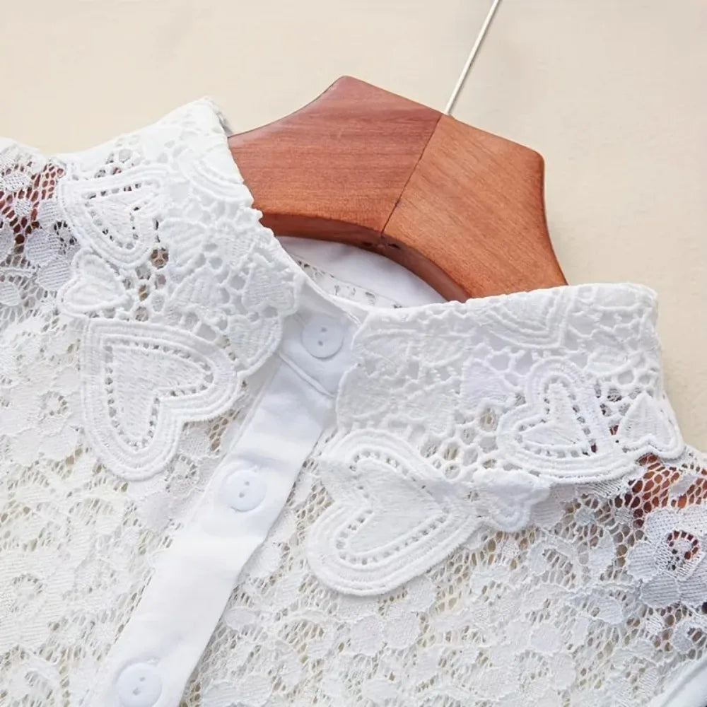 Women Detachable Lace Fake Collar Heart Embroidery Decorative Collar White Hollow Out Lapel Sweater Shirt Blouse Decor Collar Qme