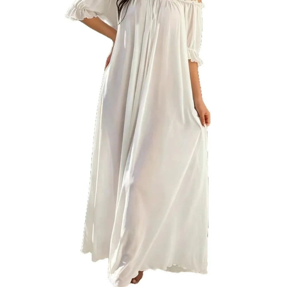 Home Dress Off Shoulder Sheer Nightgown V-neck Ruffle Mesh Nightdress Qme White M